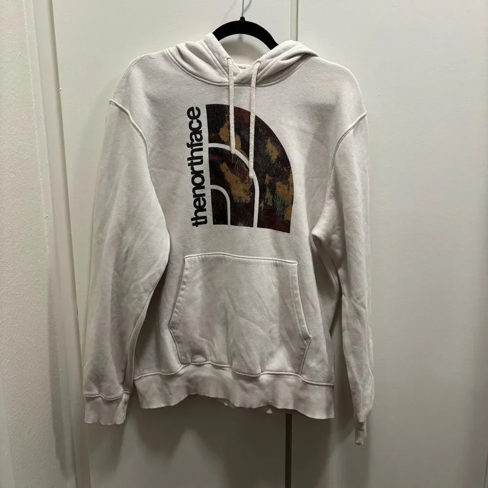 North Face Men’s Medium Cream Half Dome Logo Spellout Hoodie Sweatshirt
